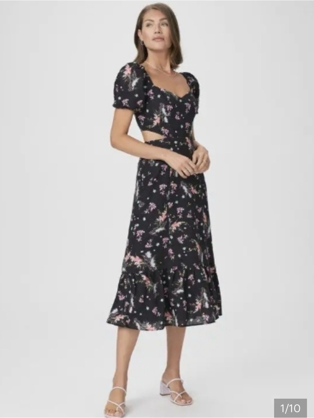 PAIGE Linh Black Floral Sweetheart Midi Dress with Puff Sleeves